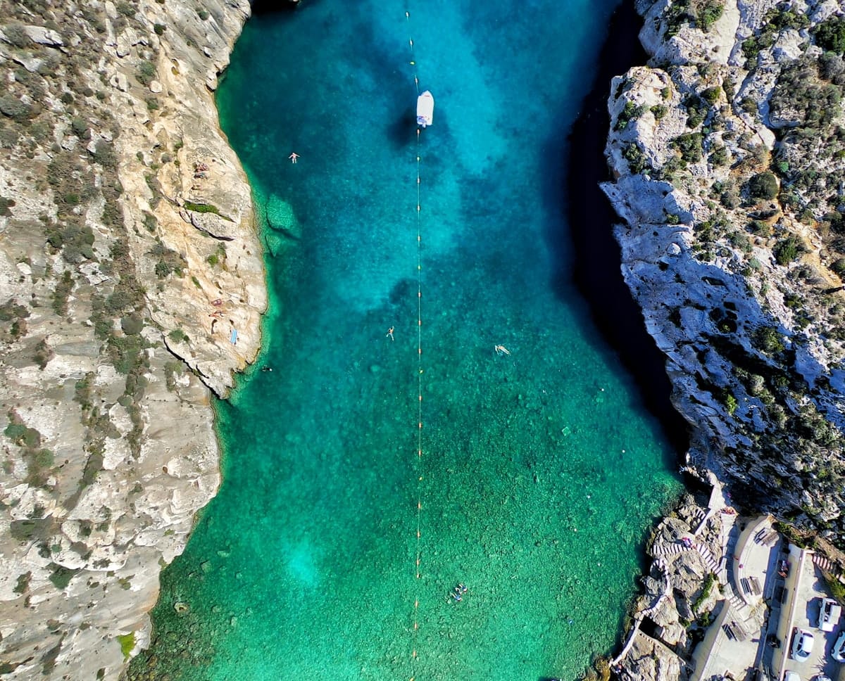 Aerial view of turquoise waters at the Blue Lagoon, Gozo